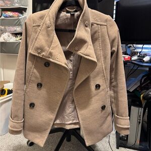 H&M Tan Peacoat with Wide Lapels and Structured Shoulders